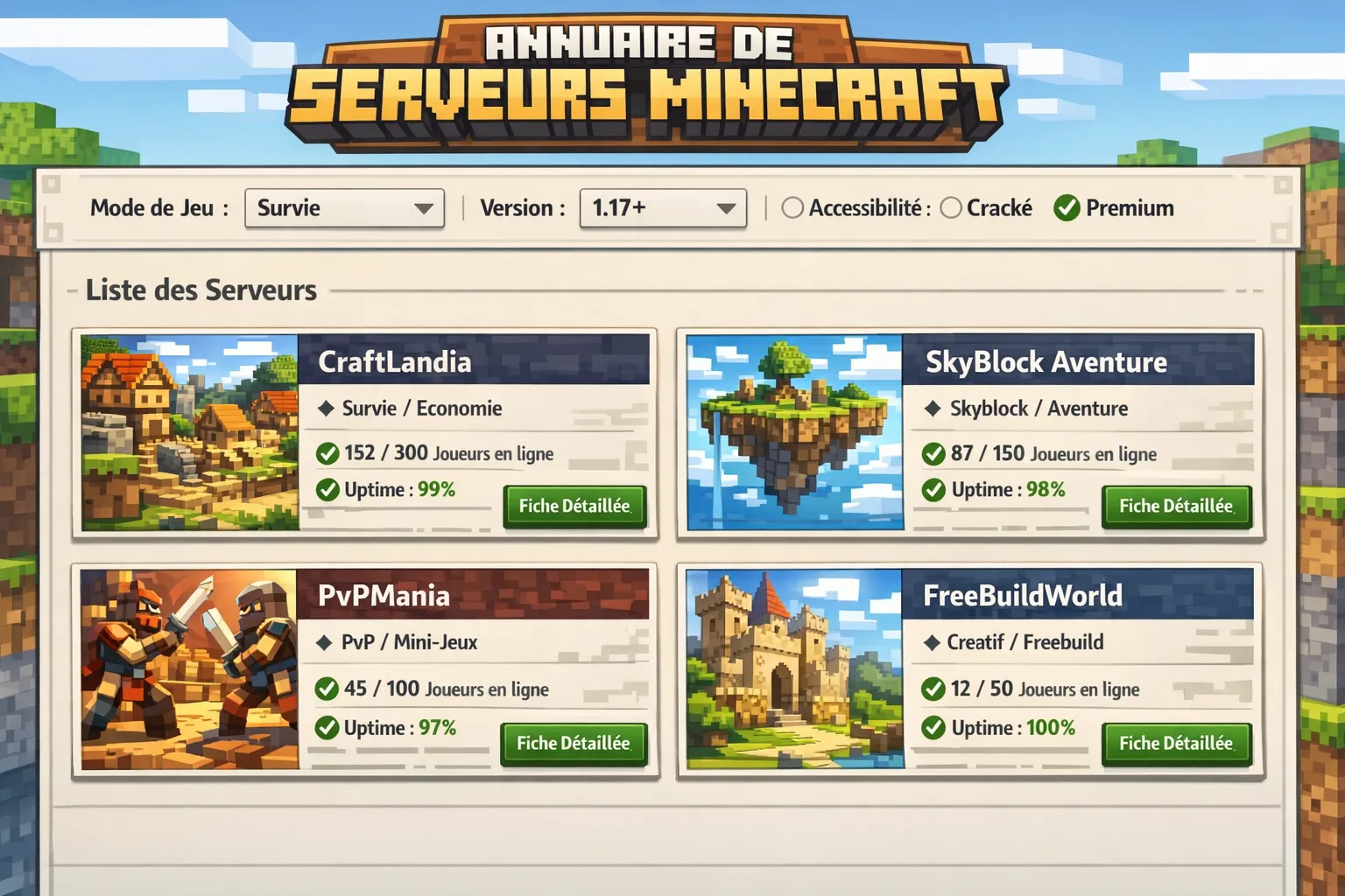 Écran illustratif d’un annuaire de serveurs Minecraft en français avec des filtres visibles (mode de jeu, version, accessibilité cracké/premium) et une liste de serveurs affichant joueurs en ligne, uptime et bouton de fiche détaillée.