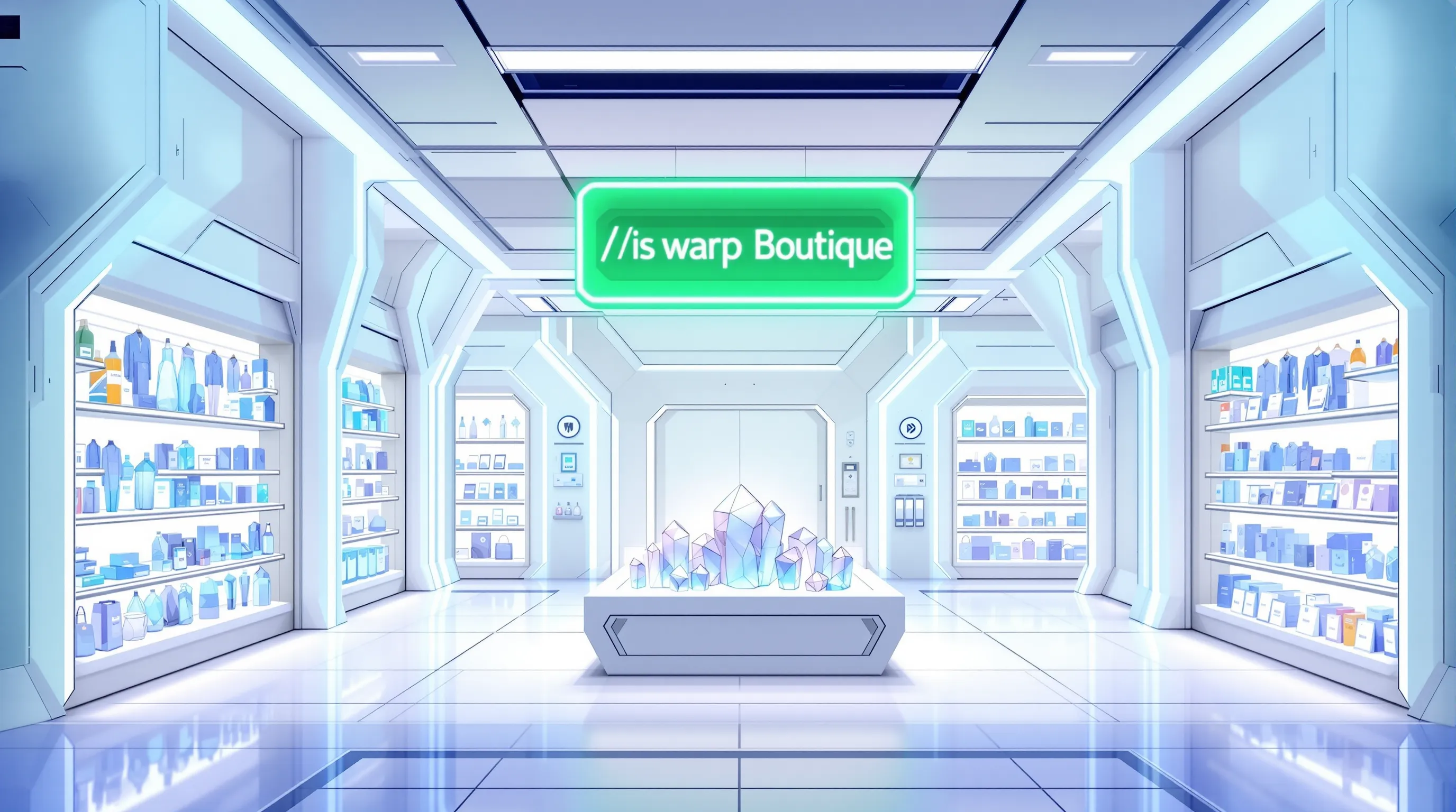 Un warp-shop lumineux en quartz et laine bleue, avec des allées d’items étiquetés et un panneau indiquant “/is warp Boutique” sous un hologramme vert.