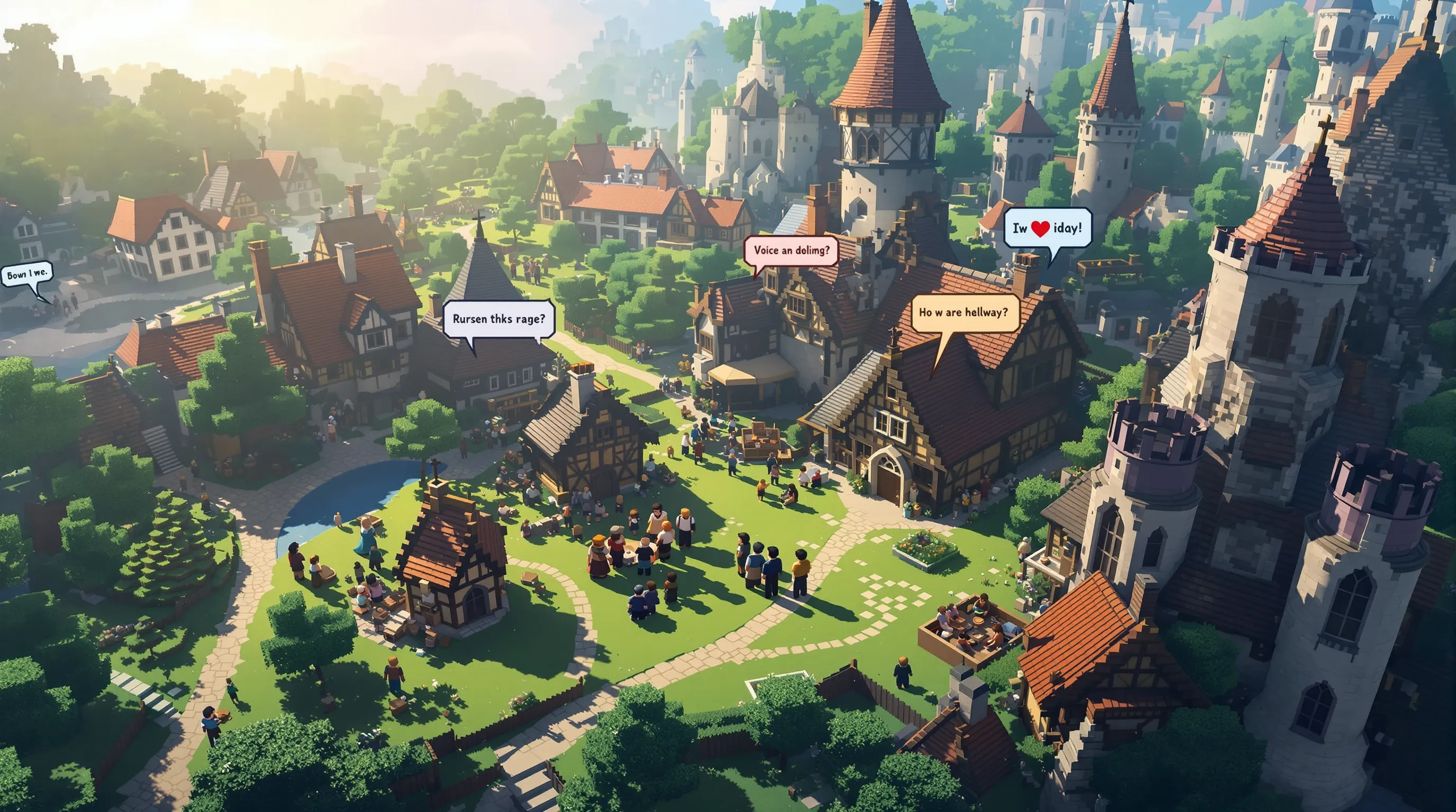 Vue aérienne in-game d’un village médiéval où plusieurs avatars Minecraft discutent ; des bulles sonores stylisées indiquent la portée différente du chat vocal de proximité.