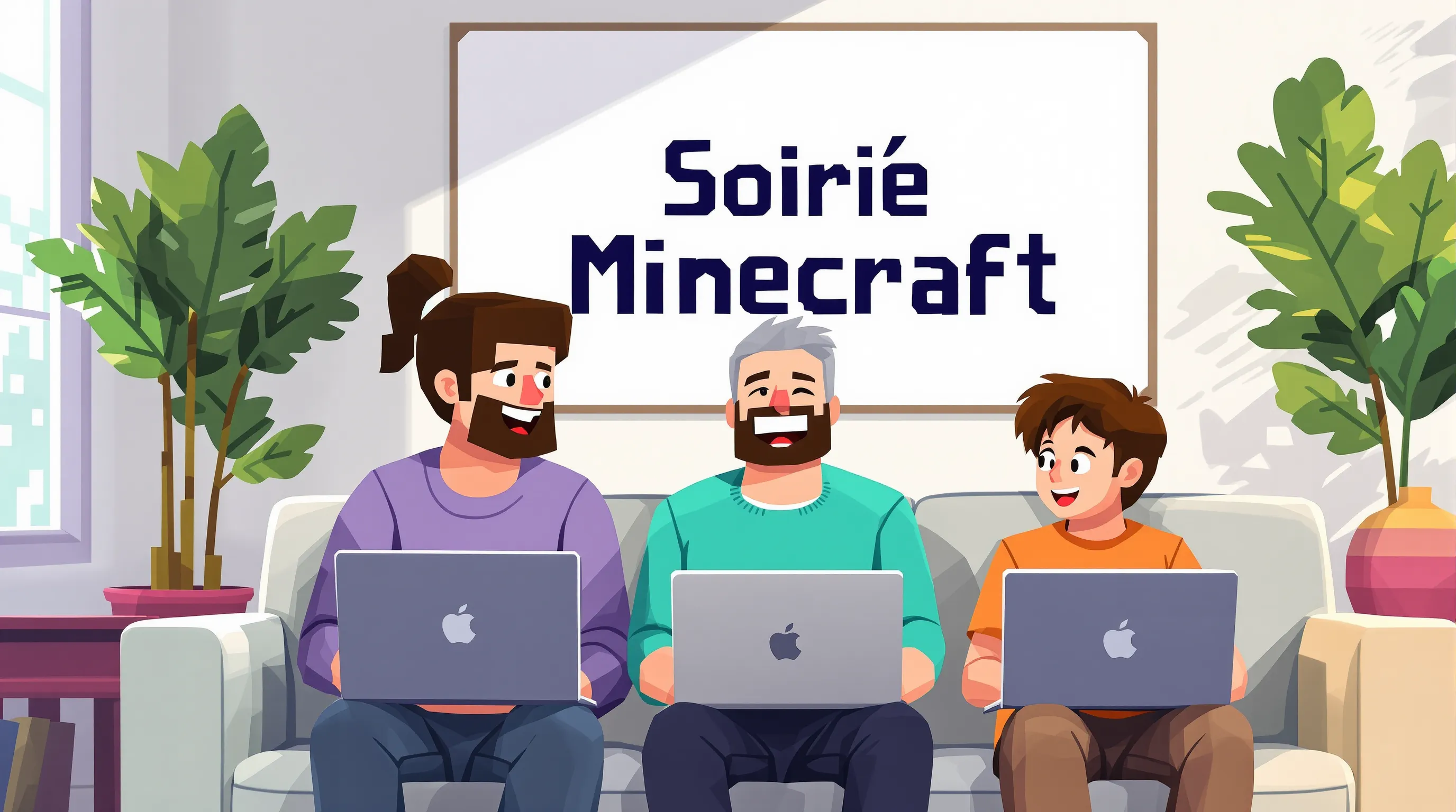 Un trio familial – parent, ado et enfant – joue côte à côte à des mini-jeux Minecraft sur trois ordinateurs portables, rient et échangent des conseils dans un salon lumineux, avec un tableau blanc derrière eux indiquant « Soirée Minecraft ».
