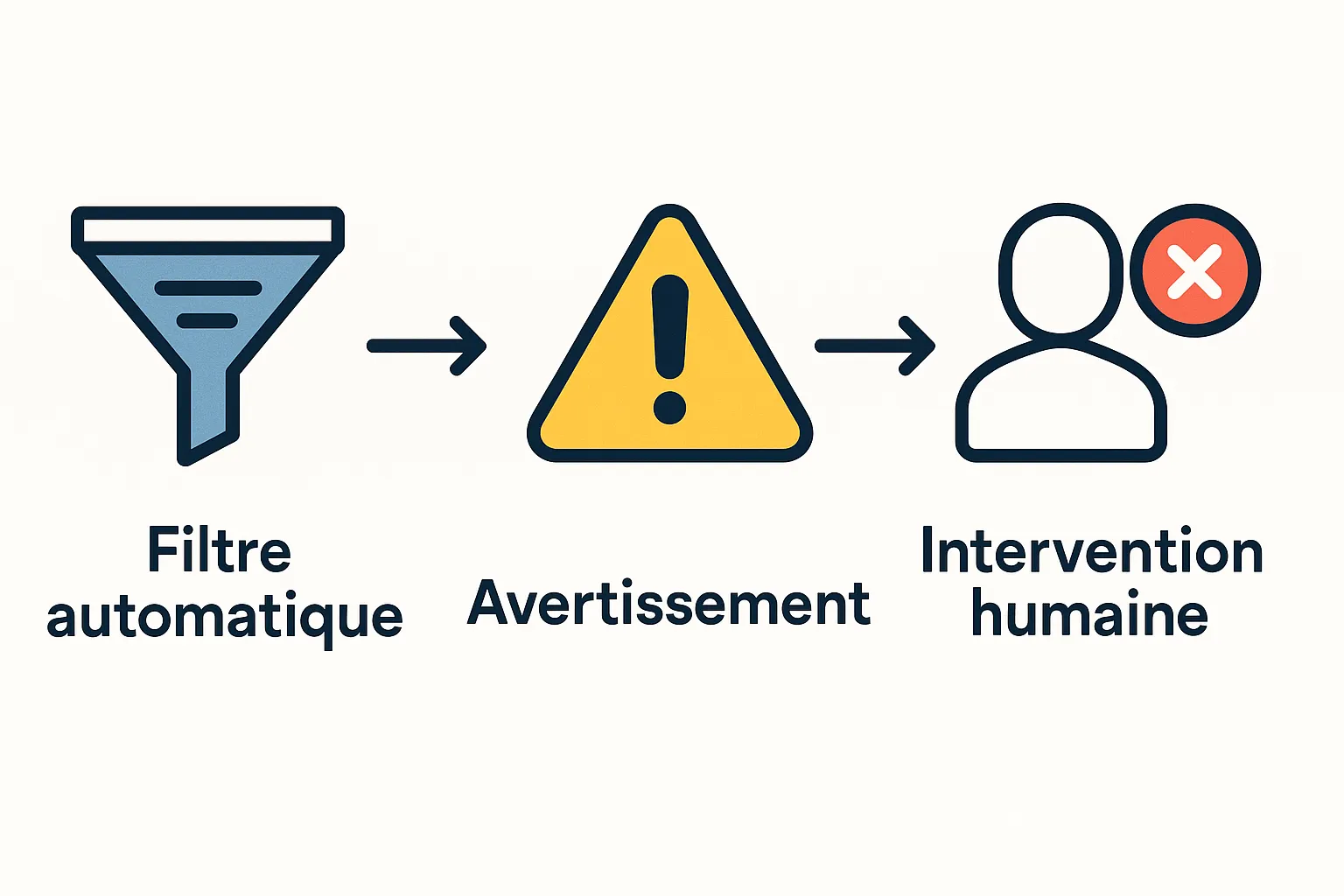 Schéma simple illustrant le flux de modération : Filtre automatique → Avertissement → Intervention humaine si récidive (3 étapes, flèches et icônes).