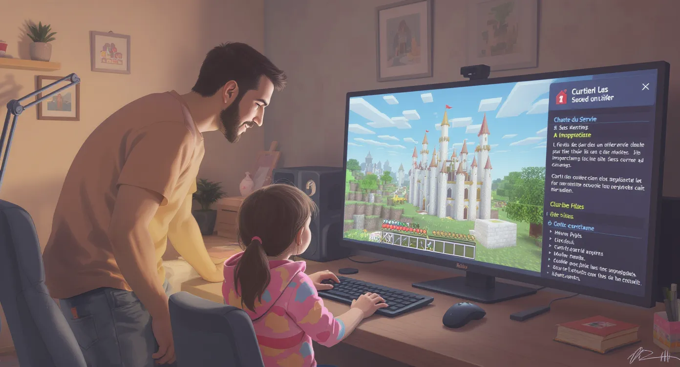Scène familiale : un père et sa fille construisent un château dans Minecraft en local, pendant que l’écran secondaire affiche la charte d’un serveur kids-friendly.