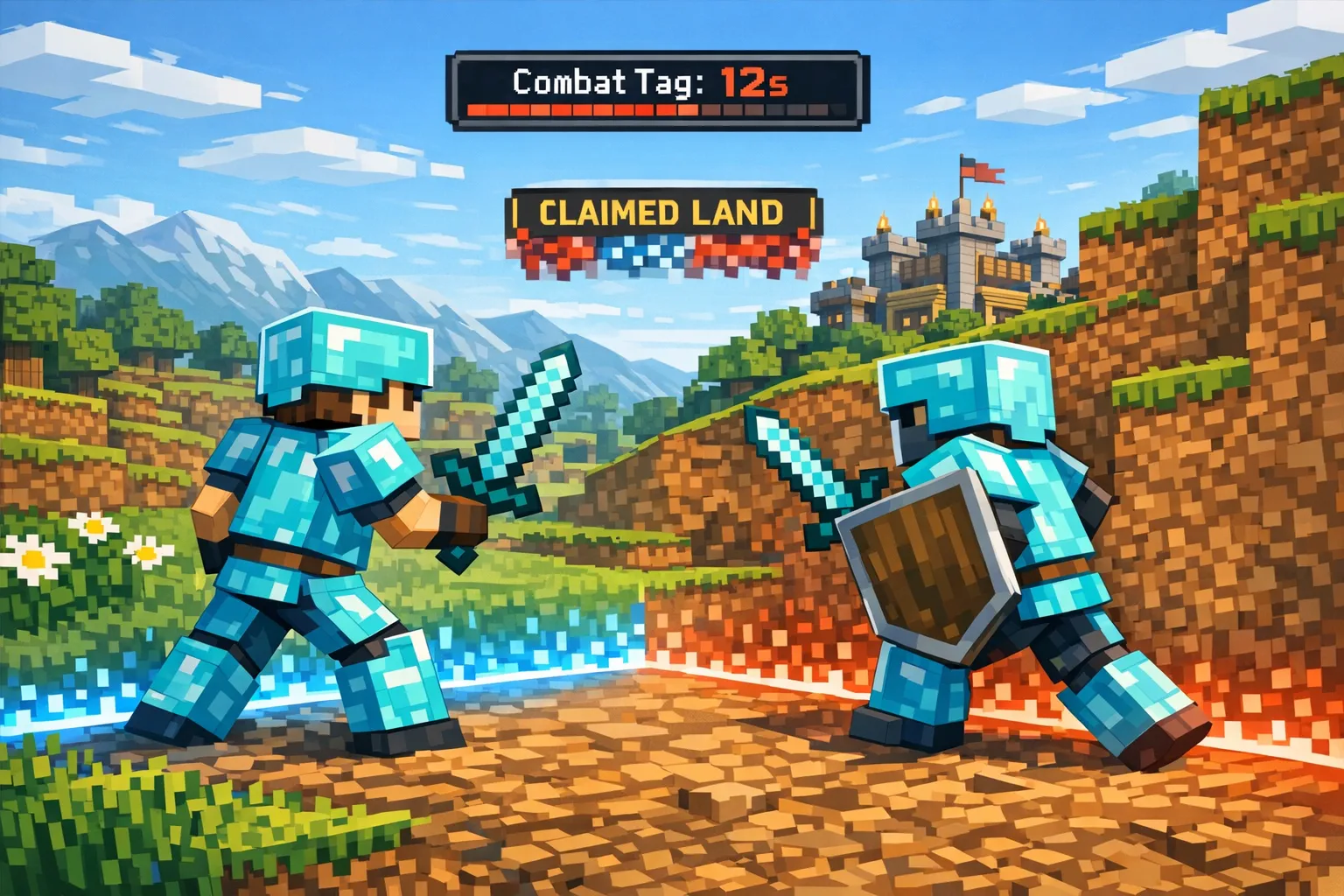 Deux joueurs en armure diamant s’affrontent près d’une frontière de claim, avec un compteur “combat tag” visible, et au loin une base partiellement cachée derrière un relief.