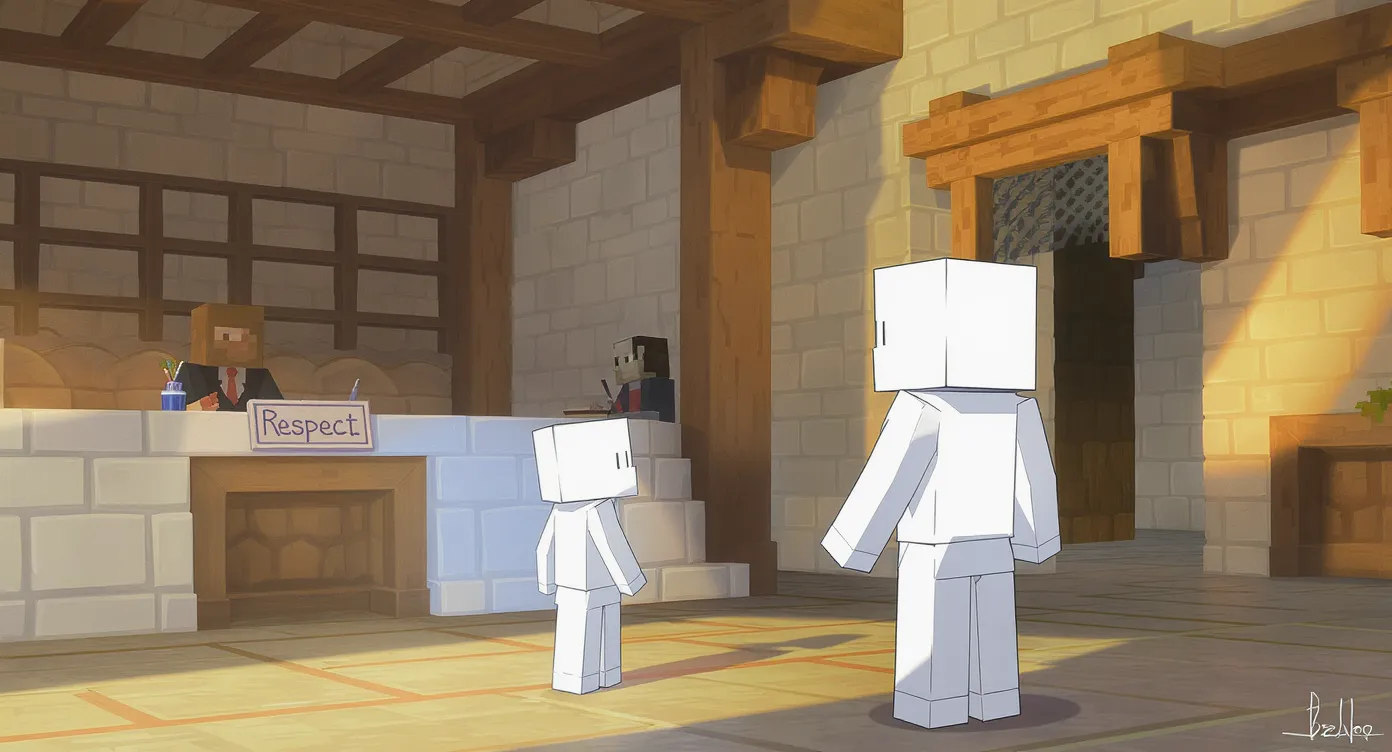 Deux avatars Minecraft discutent calmement près d’un panneau “Respect” dans un lobby médiéval, tandis qu’en arrière-plan un modérateur observe la conversation avec une plume et un livre.