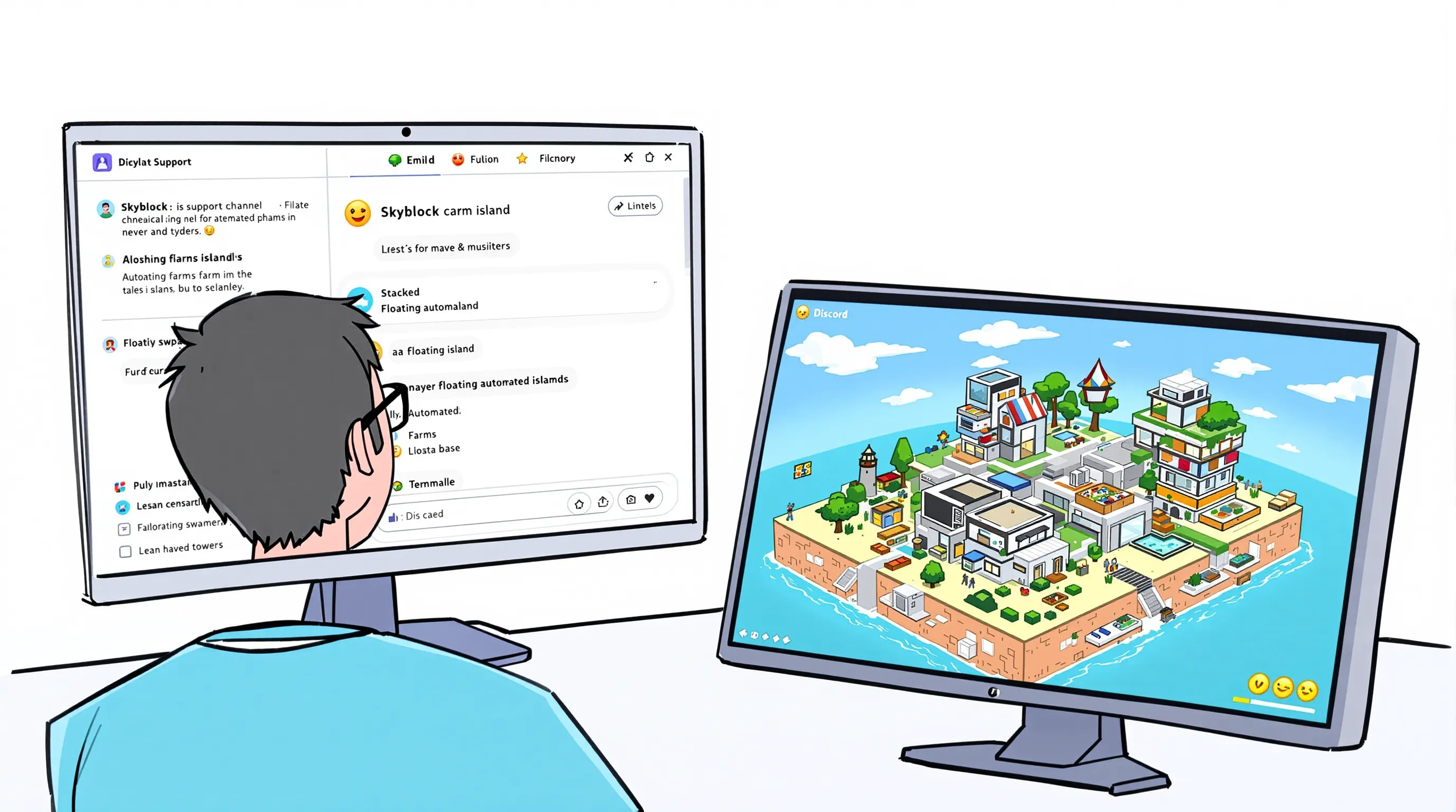Un joueur consulte le channel support d'un serveur Skyblock sur Discord, tandis qu'un second écran affiche sa base en île volante, avec des spawners empilés et des cultures automatiques.