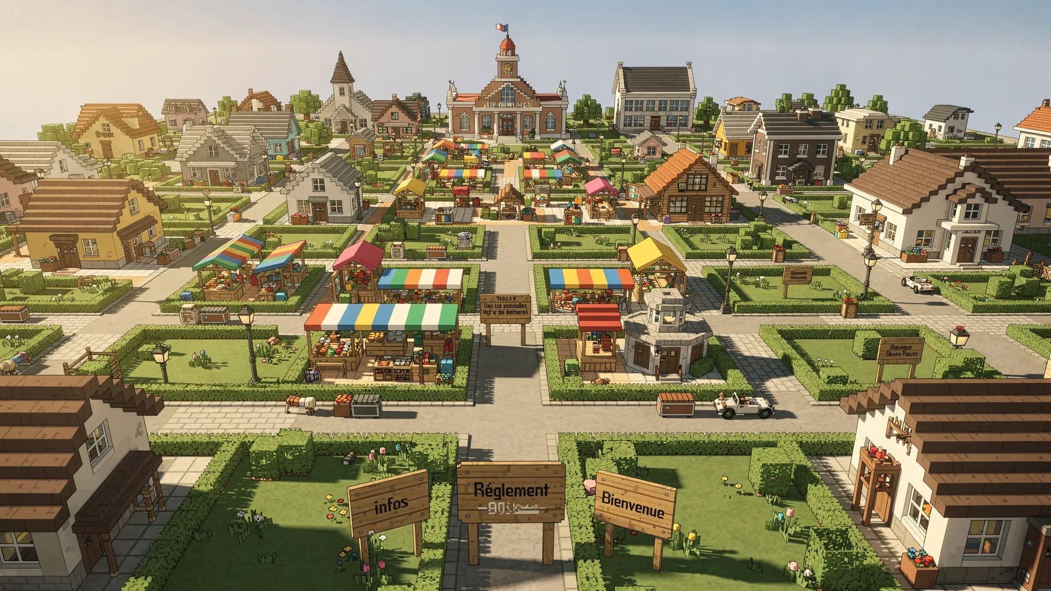 Vue aérienne d’un quartier Citybuild dans Minecraft, avec des avenues, des parcelles protégées, un marché central, des maisons de joueurs variées et des bâtiments publics. Ciel clair, ambiance chaleureuse, panneaux d’information visibles près du spaw...