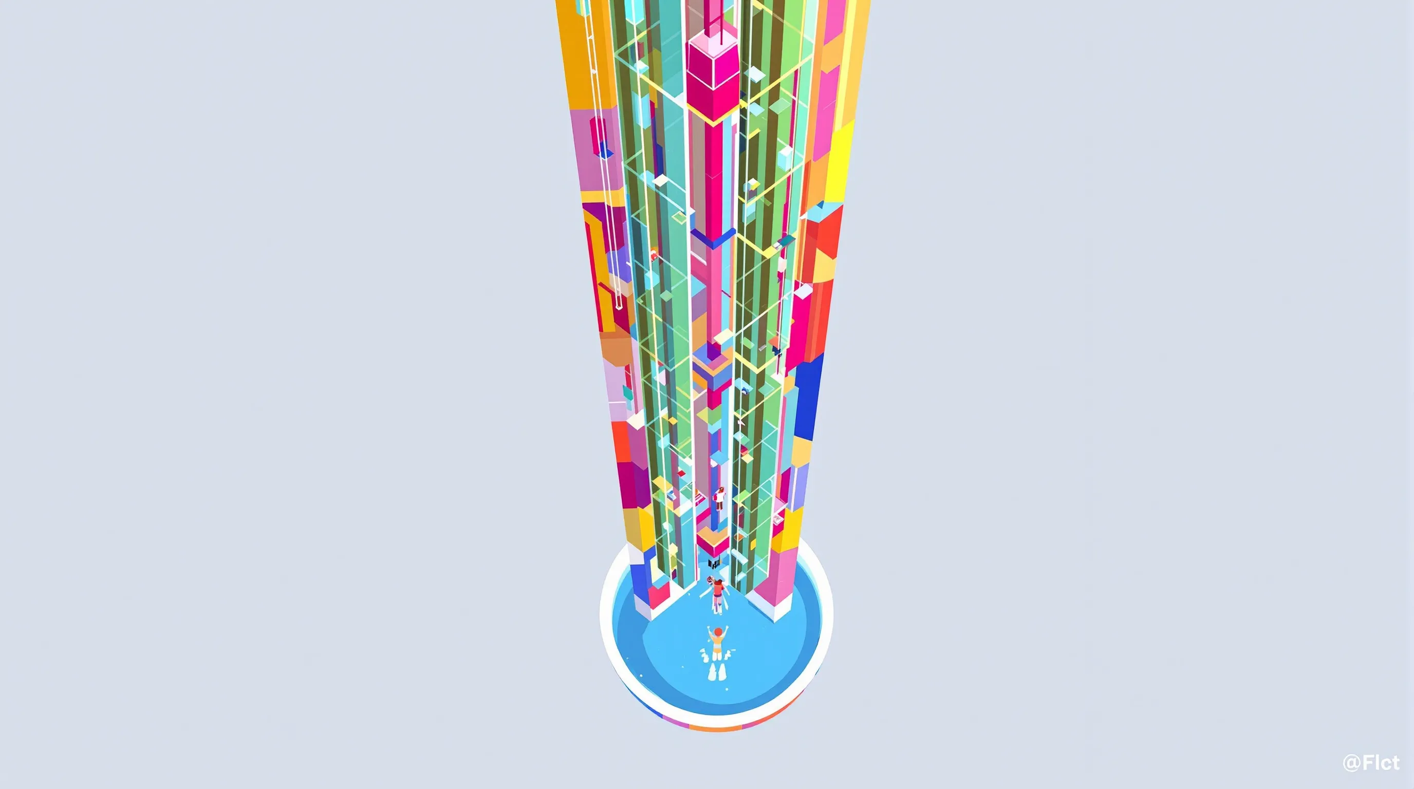 Vue aérienne d’une gigantesque tour multicolore où des joueurs tombent en chute libre, contournant des obstacles de verre et d’eau avant d’atterrir dans un minuscule bassin au sol.