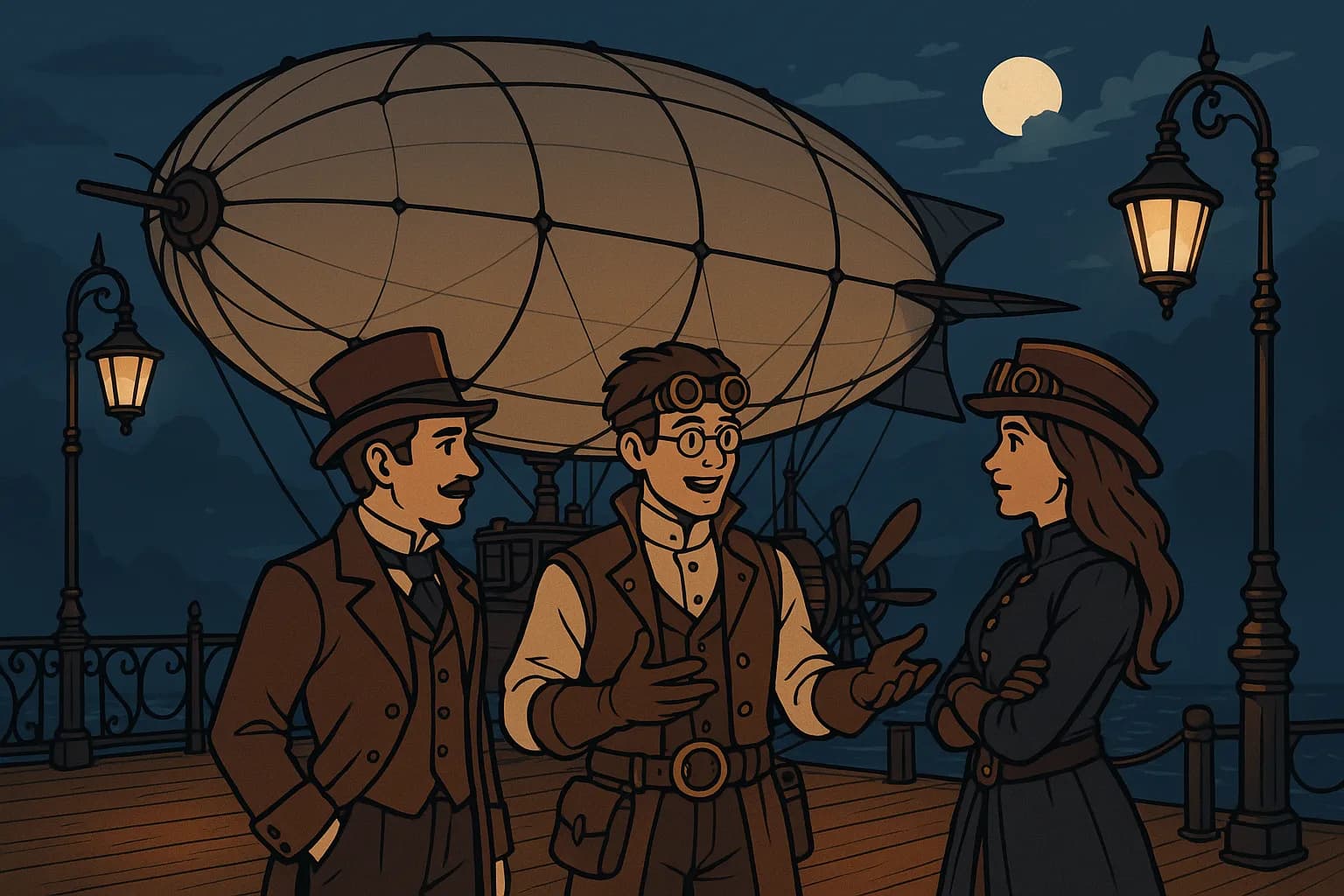Scène immersive : trois joueurs costumés discutent devant un dirigeable steampunk amarré à un quai en bois verni, lampadaires en fer forgé éclairant la nuit.